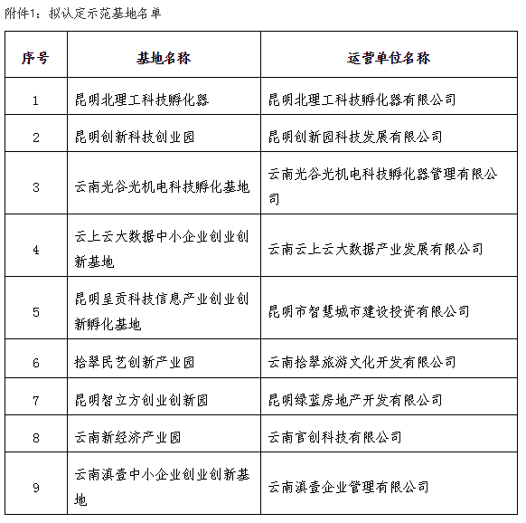 2020年昆明市小微企业双创示范基地名单来了